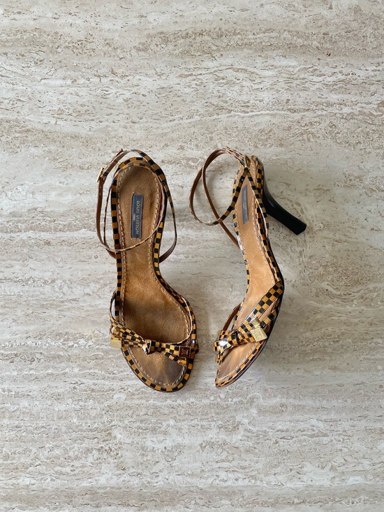 Louis Vuitton Shoes - Vintage Louis Vuitton Damier LV Bow Ankle Strap Sandal Heels